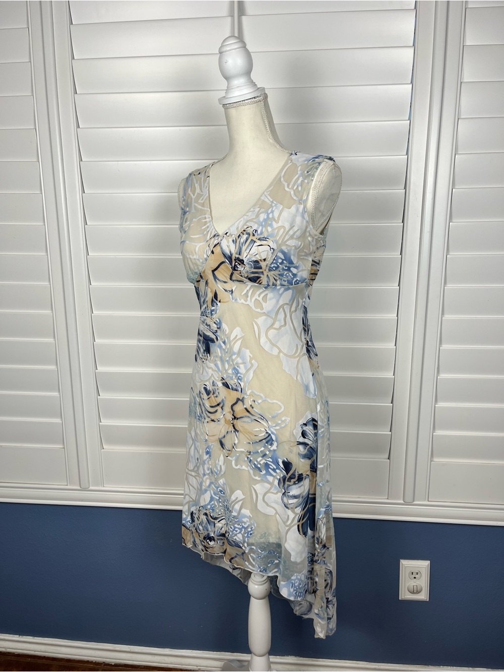 RAG Floral Mesh Asymmetrical Dress Women’s Medium Blue Beige Y2K
